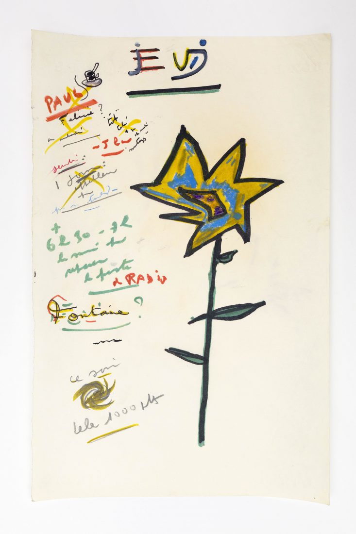 Jacques Prévert, Ephéméride, [?], dessin et notes autographes,