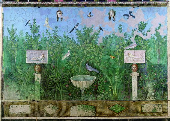 Roman art: Garden with herms and fountain. Pompeii, Casa del Bracciale d'Oro*** Permission for usage must be provided in writing from Scala.