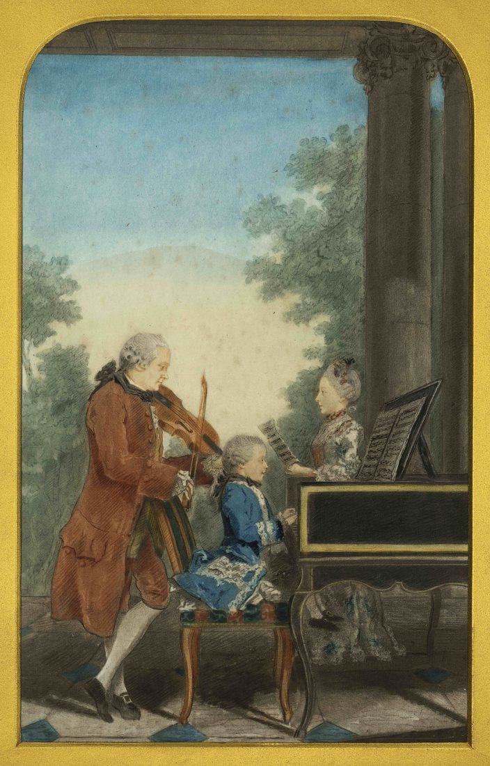 Mozart père, son fils et sa fille, gravure d’après Carmontelle, 1764