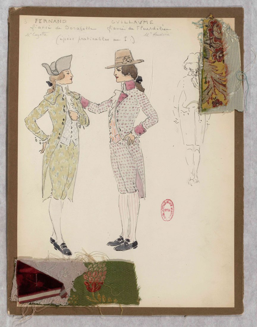 Maquette de costume de M. Mültzer pour Fernand et Guillaume dans Cosi fan tutte, 1920. Dessin.