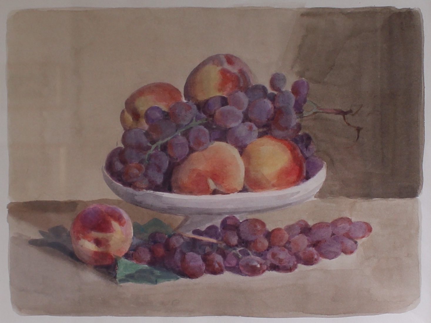 Italo De Grandi : Pêches et raisin - aquarelle sur papier 