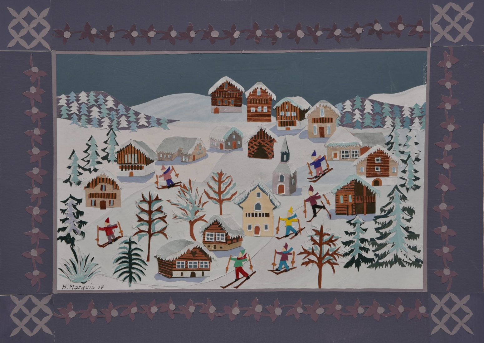 Henri Marquis papier découpé Village, neige et ski
