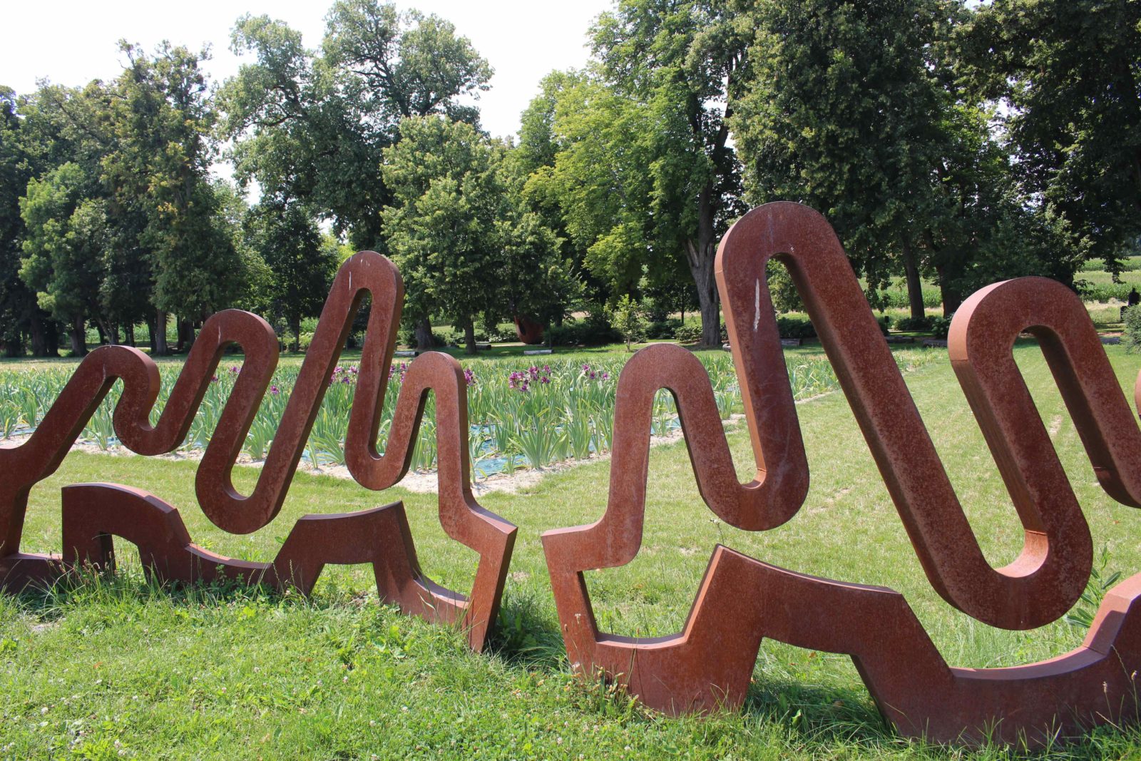  jardin de Vuillerens sculpture et iris au fond