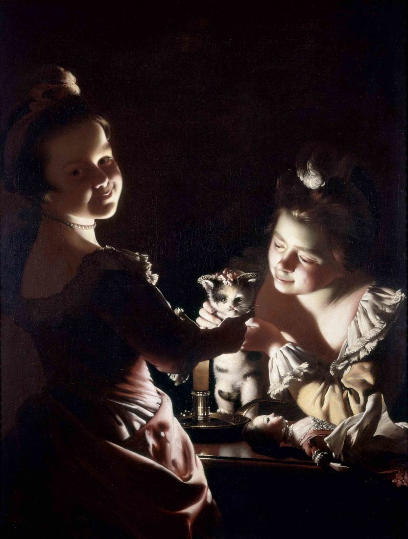 Joseph Wright of Derby Deux filles déguisant un chaton