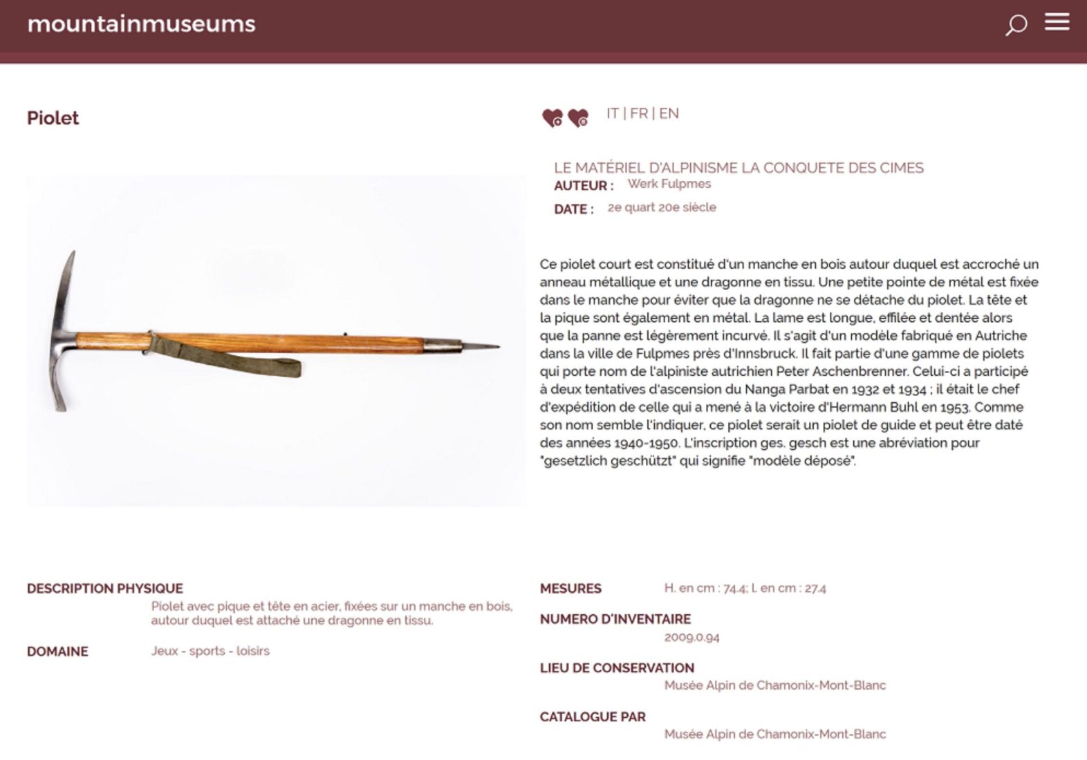 description en ligne du piolet catalogue Chamonix et Turin