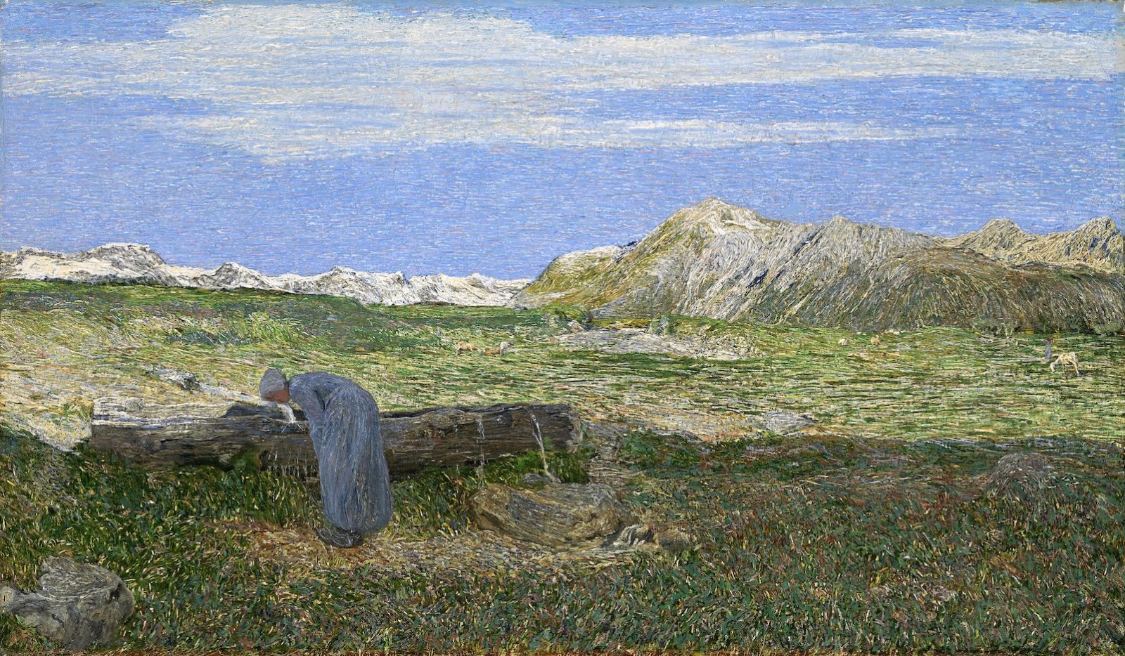 Giovanni Segantini : Paysage alpin avec femme à la fontaine,