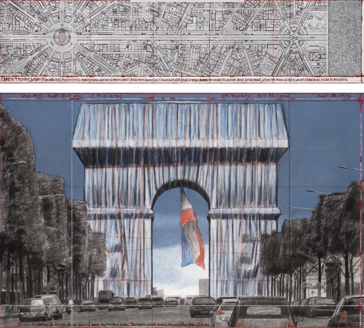 Christo projet l'Arc de Triomphe empaqueté - Dessin en 2 parties