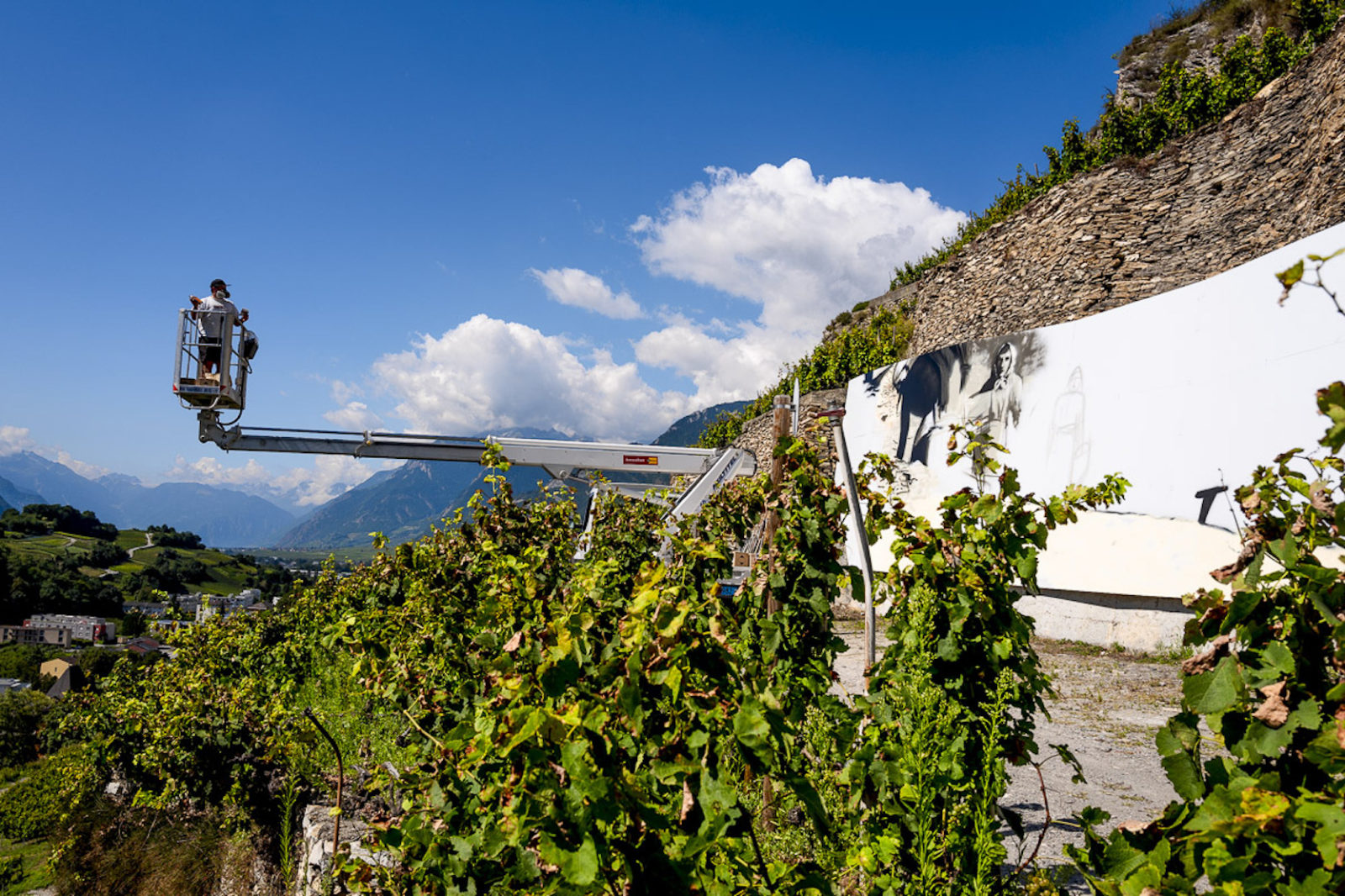 AVW Artiste au travail sur un mur Domaine du Mont d'Or Sion