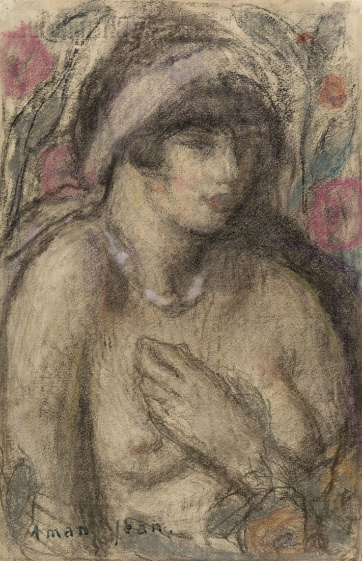 Buste de jeune fille nue, la main sur la poitrine Signé en bas à gauche, au pinceau et lavis gris-bleu Aman Jean