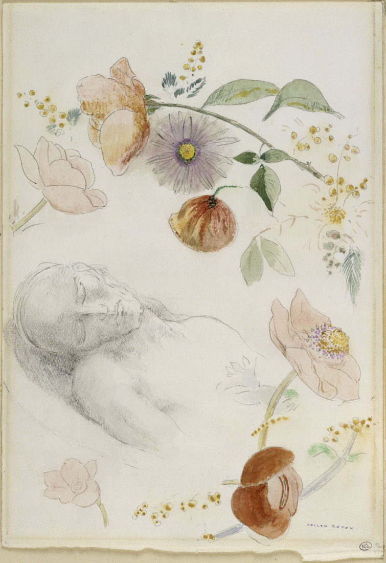 Odilon Redon (1840-1916). Buste d'homme aux yeux clos, entouré de fleurs